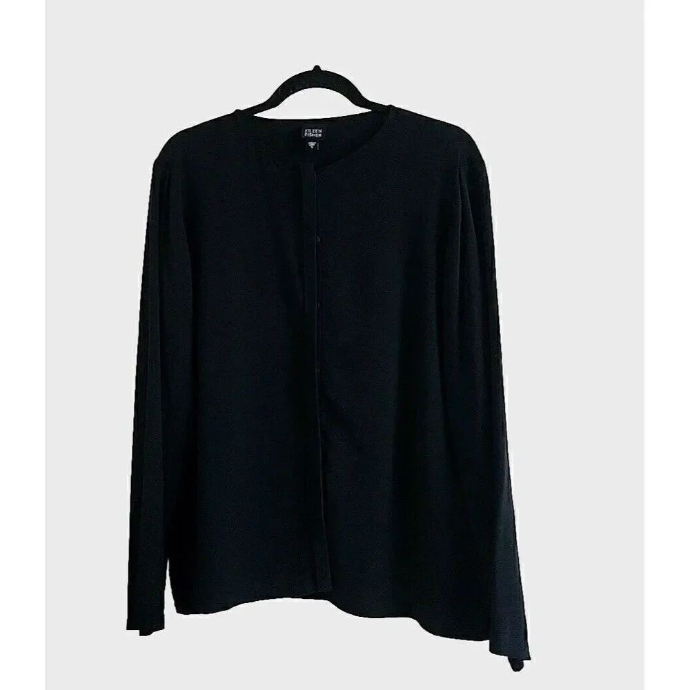 EILEEN FISHER Crepe Silk Black Button UpâLong Sleeve Blouse SizeâSmall